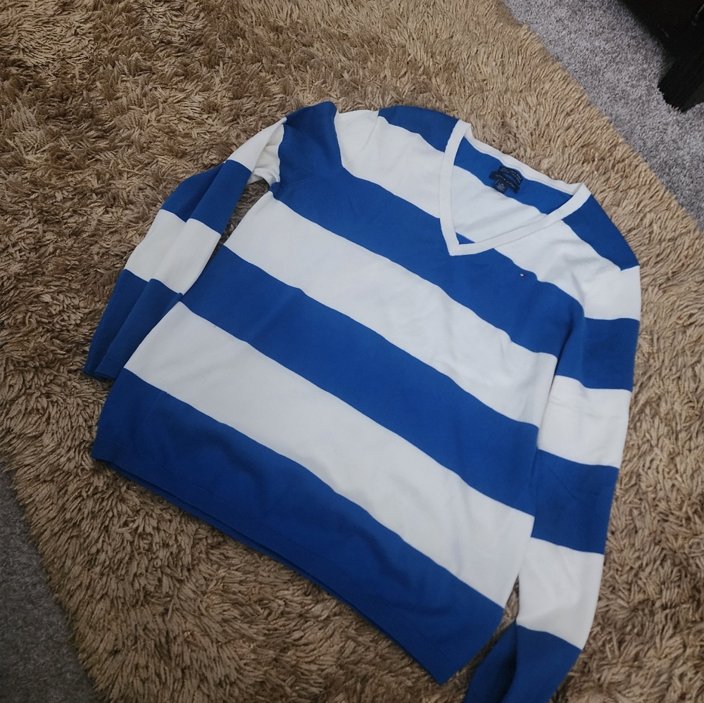 Tommy Hilfiger Nautica Rugby Bold Blue and White V-Neck Sweater
